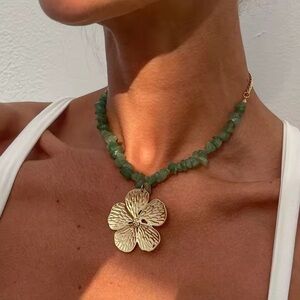 Goddess Vibes Green Gemstone Collar with Gold Floral Medallion